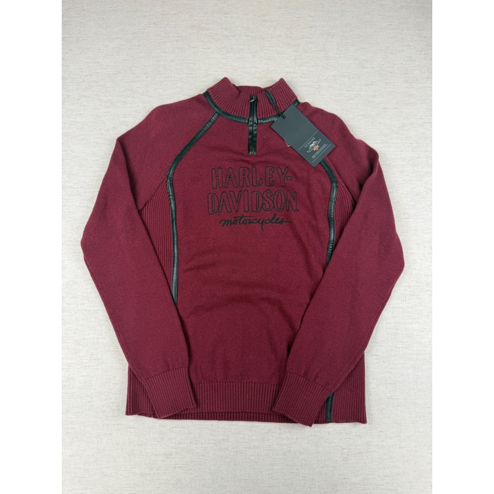 NWT Harley-Davidson Womens Wine Red Quarter Zip Sweater Wool Leather Trim S